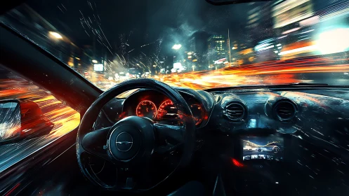 Night city cockpit captures neon speed trails in storm