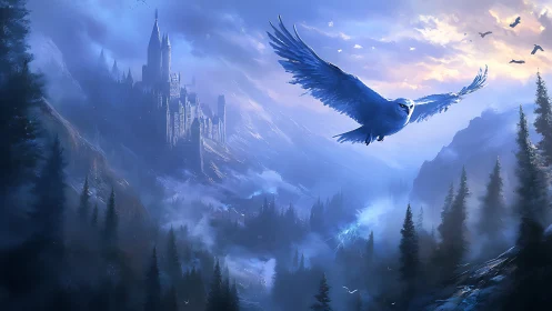 Blue owl flies over misty mountains toward distant castle