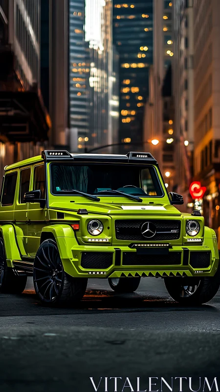 Lime green Mercedes SUV parked on city street at dusk.