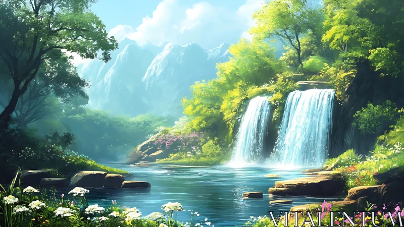 Sunlit twin waterfall fills tranquil forest mountain valley