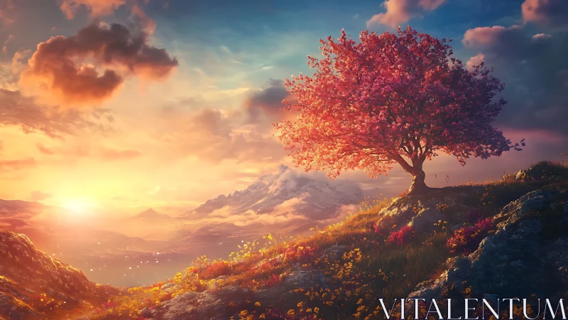 Blossom tree resting above glowing mountains at sunrise.