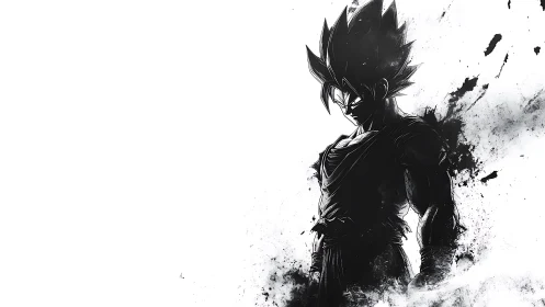 High-contrast ink-splatter silhouette of spiky-haired anime warrior