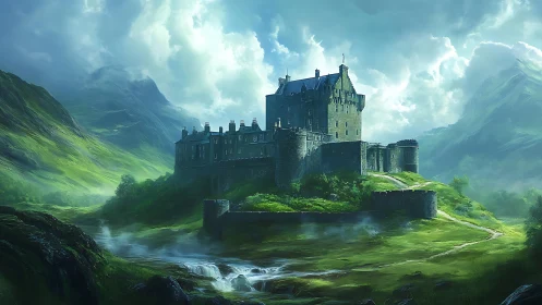 Digital painting of mist-laced highland castle stronghold.