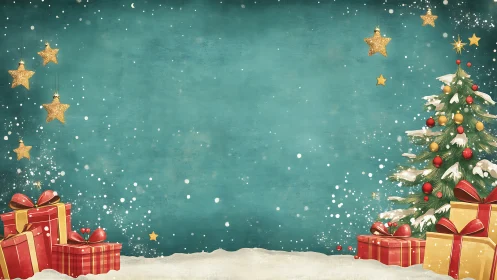 Symmetrical Christmas composition with gifts, snow and lit tree