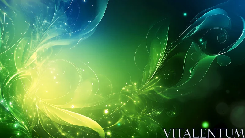 Bioluminescent fractal vines curve through green-blue light field