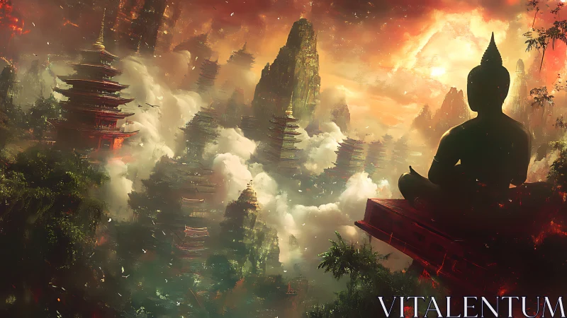 Buddha silhouette over misty pagoda mountains at sunrise.