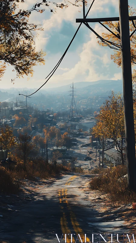 Lonely rural road winds through misty, autumn valley landscape.