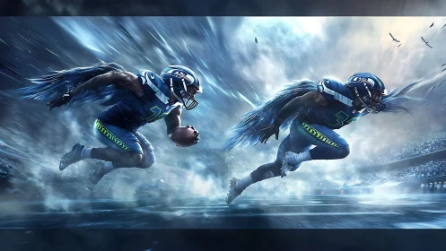 Dynamic twin rushers with motion-blurred wings in storm-lit stadium