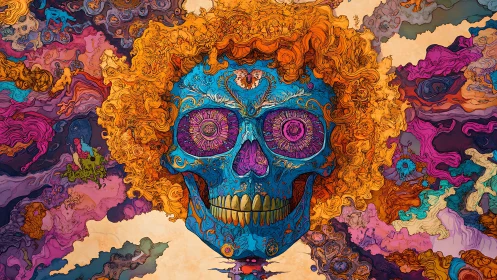 Psychedelic blue skull portrait with fractal curls in orbiting field.