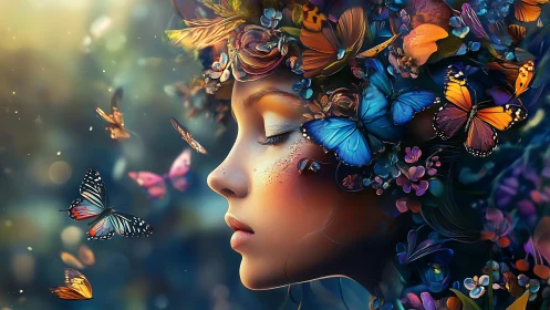 Dreaming garden girl crowned in luminous butterfly bloom.