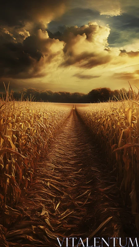 Storm-lit cornfield path beneath dense dramatic clouds.
