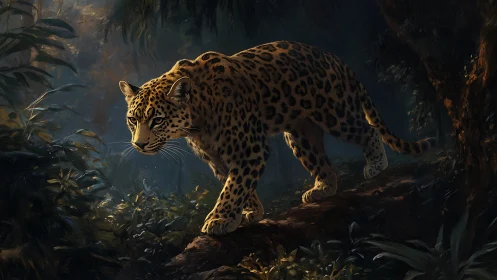 Golden Leopard Prowling Through Shadowed Jungle Depths.