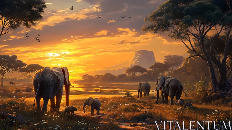 Elephants stroll home as the savanna sky melts into gold