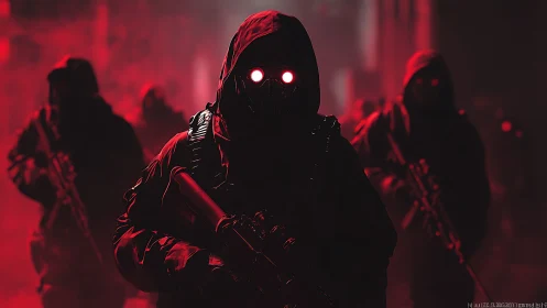 Cyberpunk tactical squad in red monochrome atmospheric haze.