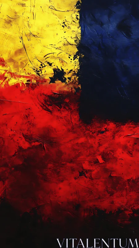 Bold red, yellow, and blue textures tell an abstract story