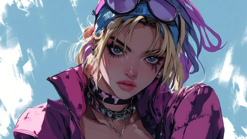 Blonde anime girl in magenta jacket stares forward intensely