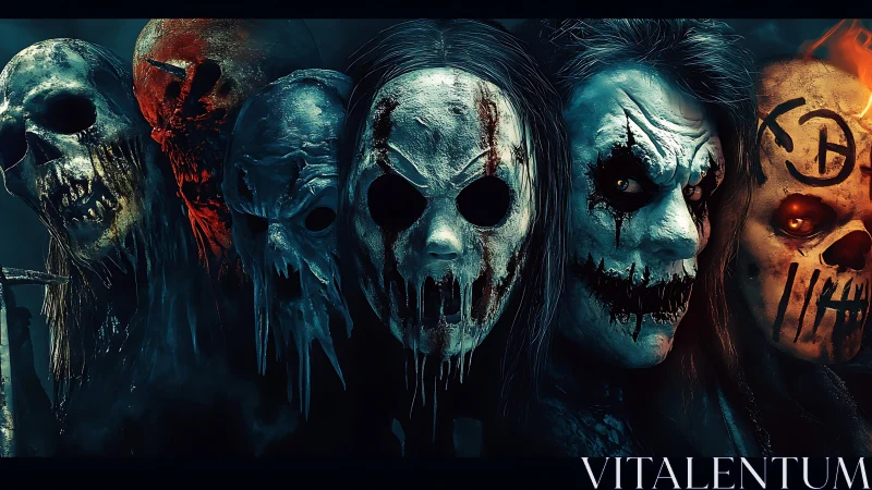 Grotesque masked horrors in cinematic neon underlighting.
