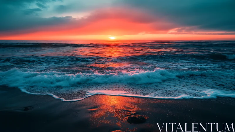 Fiery sunset melts into teal waves along a tranquil shore