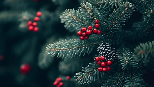 Evergreen whispers and scarlet berries in quiet winter hush.