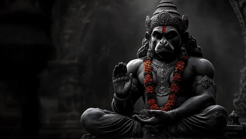 Monkey-headed deity statue in meditative seated posture.