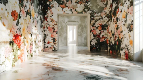 Abandoned Gallery with Floral Wallpaper and Empty Passage