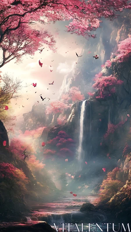 Whispered spring waterfall tucked in a pink blossom valley.