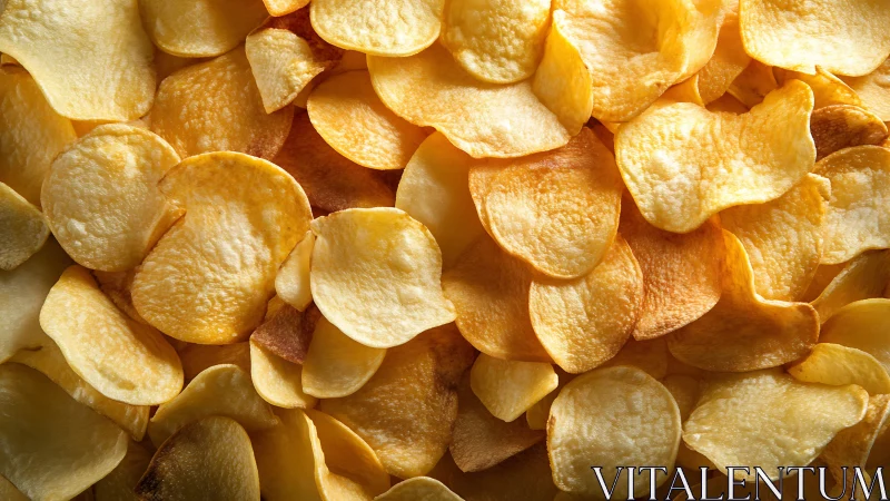 Thin potato crisps form overlapping golden layers in view