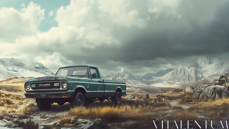 Weathered teal pickup truck stands in wide alpine valley landscape