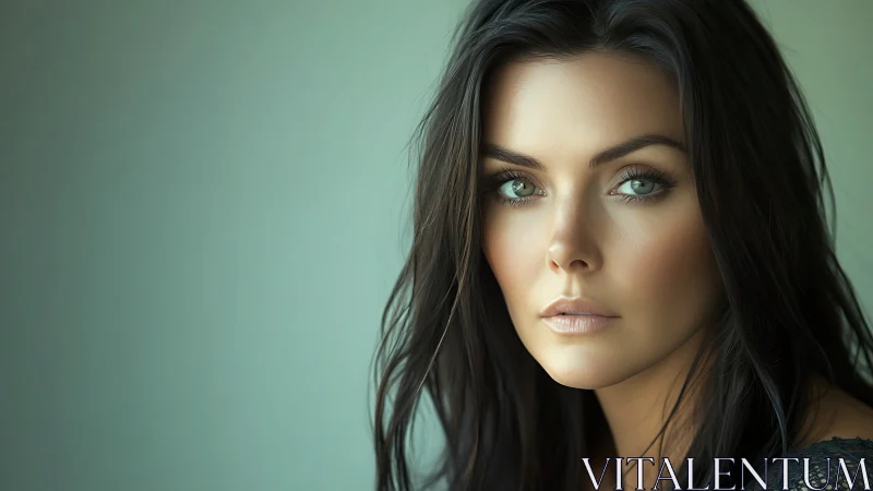 Emerald gaze in soft teal light, a portrait of poised calm.