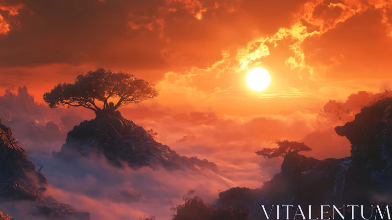 Fiery sunset over misty mountains with solitary trees.