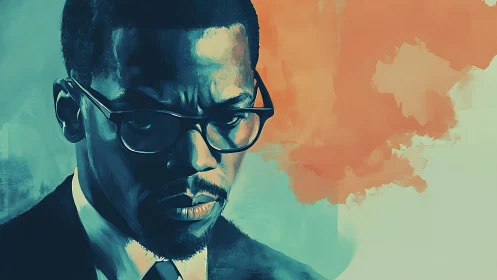 Serious man in glasses in bold teal and orange portrait.