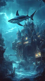 Moonlit sky-shark drifting above a glowing cliff city.