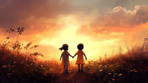 Children Silhouettes at Sunset: Golden Hour Meadow Path.