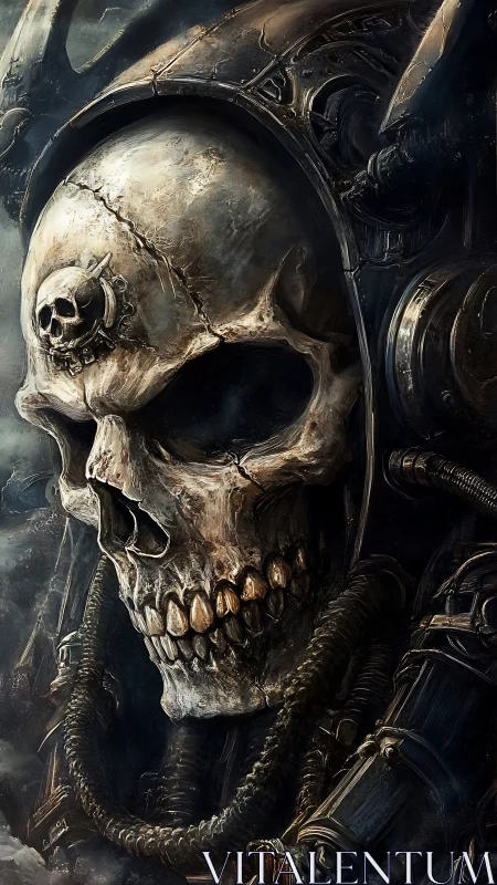 Grim cyber reliquary skull fused with baroque war machine.