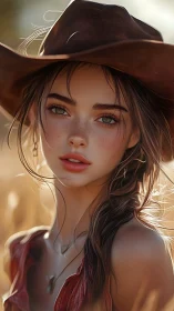 Sunlit cowgirl portrait with hyperreal facial rendering precision.