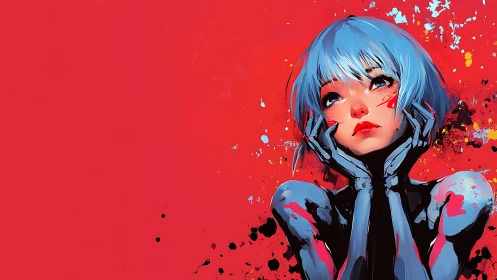 Dreamy blue haired android gazes softly into bold red space