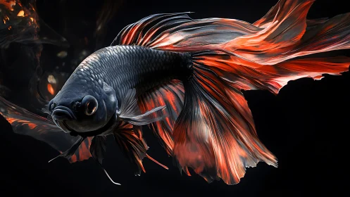 Graceful betta fish gliding in glowing black and ember tones.