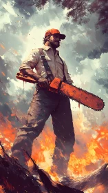 Chainsaw operator stands amid wildfire using dynamic brushwork