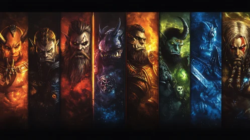 Elemental warlords aligned in chromatic vertical panels