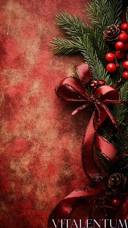 Festive red ribbon and evergreen Christmas corner border.