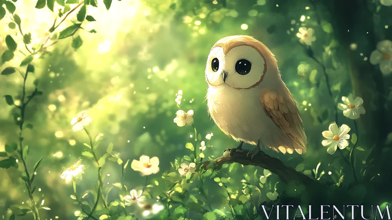 Adorable Cartoon Owl on Flowering Branch in Sunlit Forest Scene.