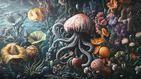 Surreal jellyfish garden within bioluminescent reef ecology.