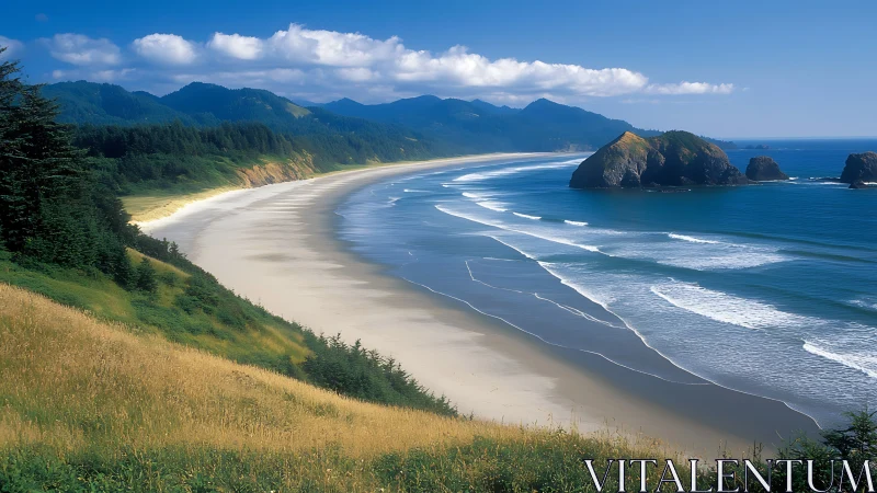 Curved sandy coastline with waves and offshore rock formations