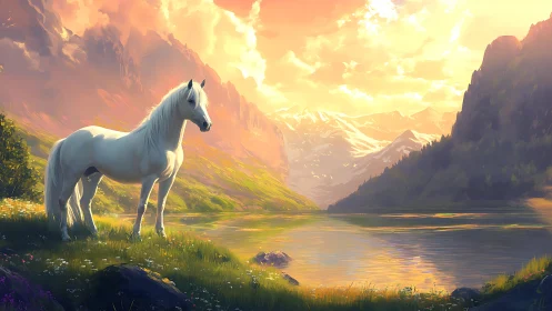 Sunlit valley crowns a white horse as quiet mountain king