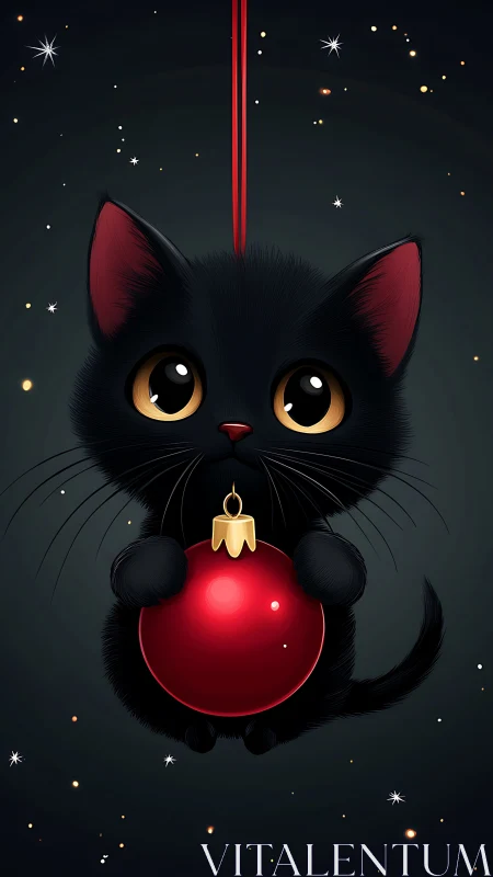 Vector-black kitten suspended with glossy red bauble ornament.