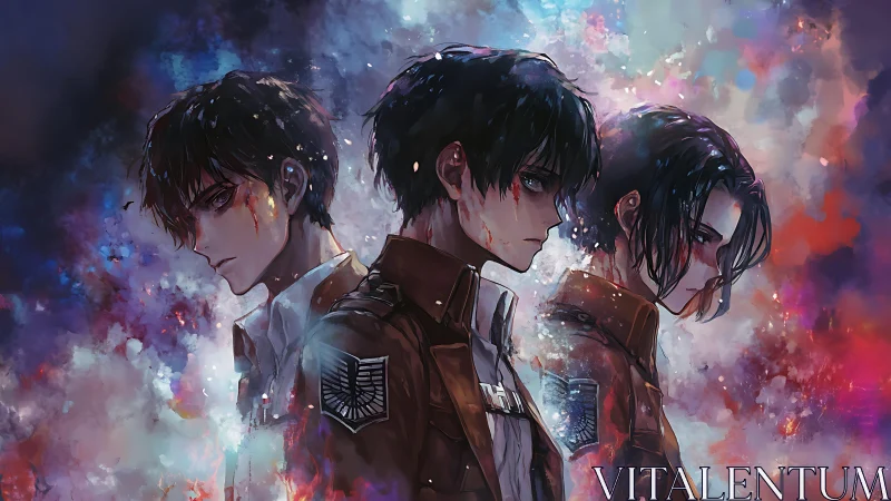 Triadic anime soldiers amid incandescent abstract nebula field