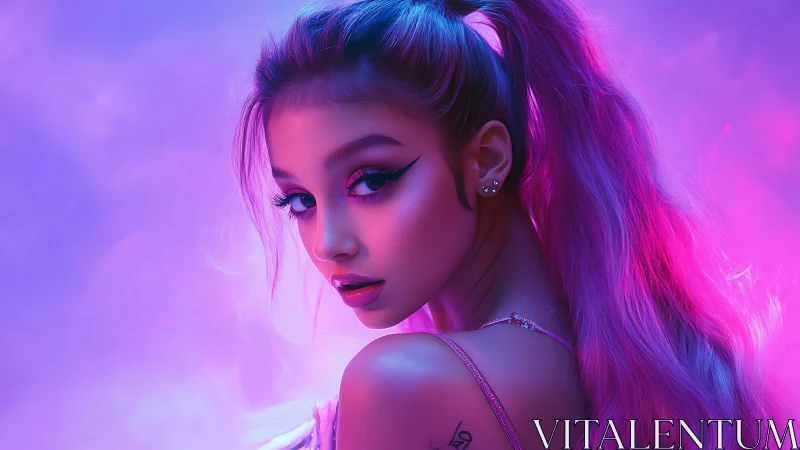 Neon-lit glam portrait of woman with long pink ponytail.