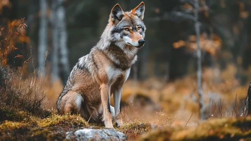 Wild timber wolf poised in misty autumn forest light.