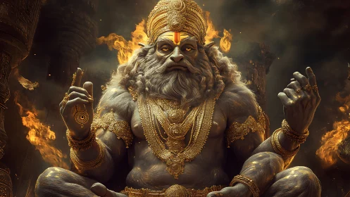 Mythic humanoid deity figure amid flames in seated pose.