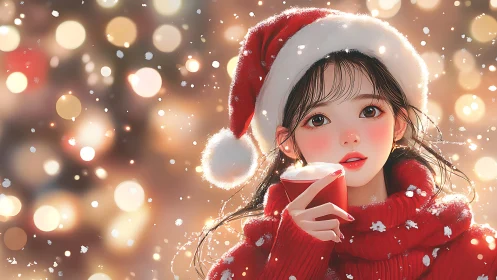 Digital portrait shows girl in Santa hat holding red cup